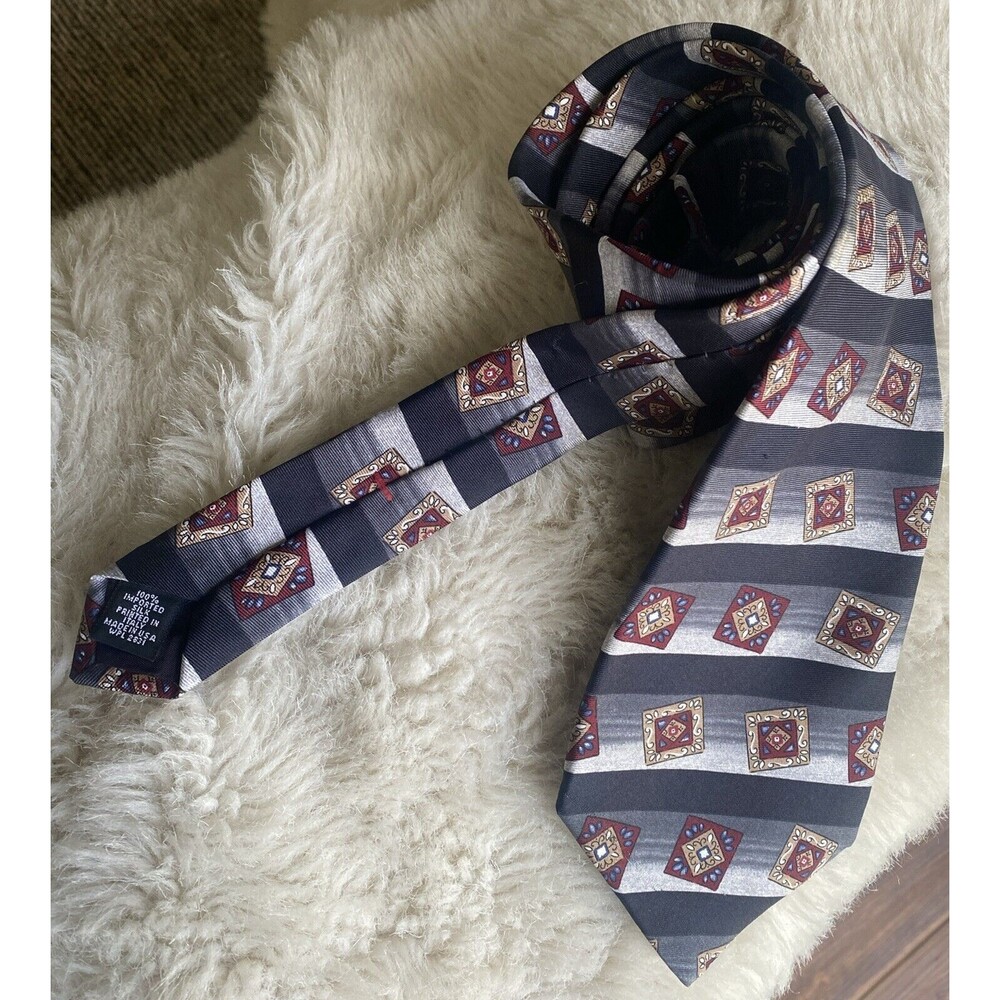Barrington Imported Italian Luxury Silk Black Grey Red Geometric Tie Classic